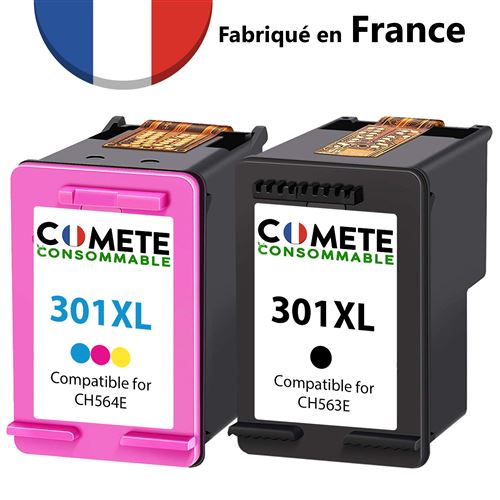 COMETE CONSOMMABLE 301 XL Pack 2 Cartouches Made in France compatibles HP 301 XL Noir+Couleur
