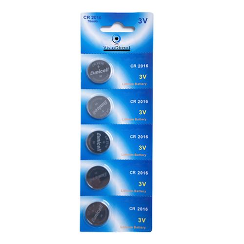 Lot de 5 Piles bouton plates lithium 3V type CR2016 compatibles DL2016B/BR2016-1W/CR2016-1W/KCR2016/L10/LM2016/LF - Visiodirect