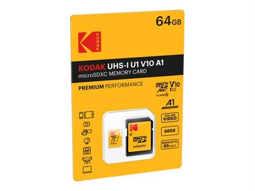 Kodak - Carte mémoire flash (adaptateur microSDXC vers SD inclus(e)) - 64 Go - UHS Class 1 / Class10 - 580x - microSDXC UHS-I
