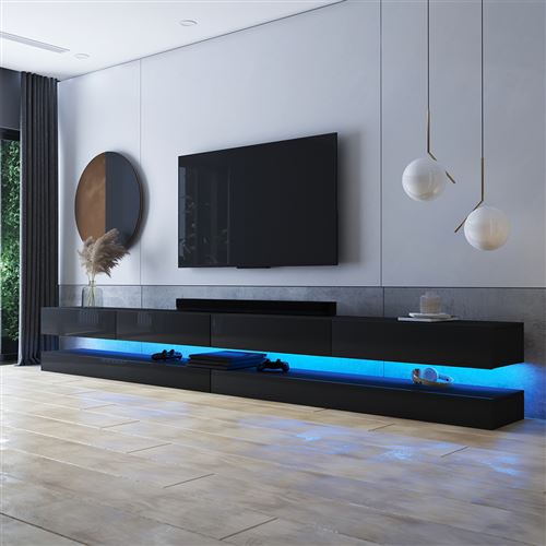Meuble TV suspendu / Meuble de salon mural - HYLIA DOUBLE - 2x140 cm - noir mat / noir brillant - avec LED - style moderne