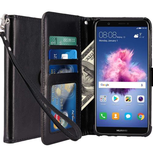 Huawei P Smart Housse Coque Etui de luxe Portefeuille Porte Carte Et Billet (avec support integré) Noir