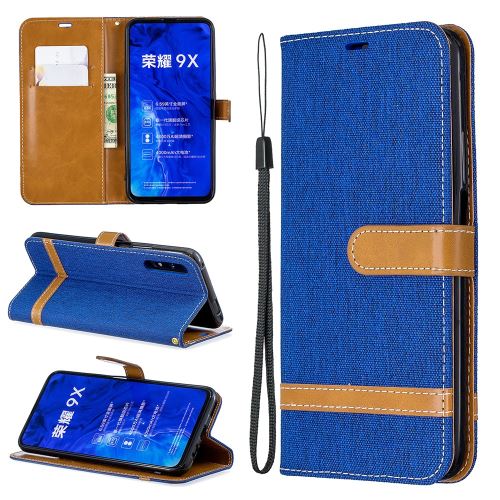 Etui en PU couleur épissage jeans tissu peau flip avec support bleu clair pour votre Huawei Honor 9X/9X Pro