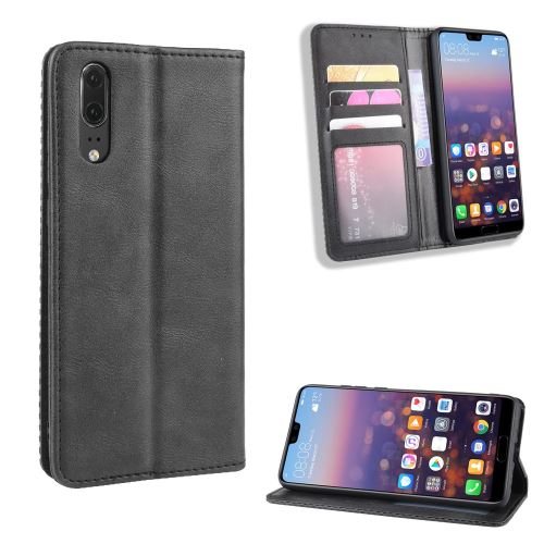 Etui en PU rétro avec support noir pour votre Huawei P20