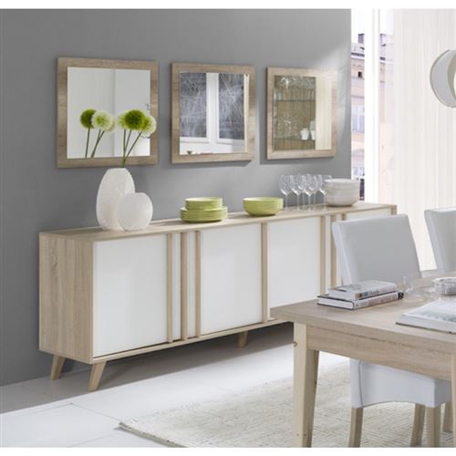 Buffet grand modèle + 3 miroirs collection MALMO couleur chêne clair et blanc.