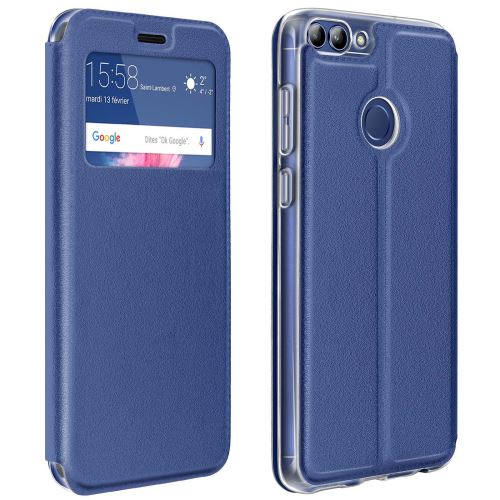 Etui huawei p smart housse à clapet porte-carte fenêtre fonction stand bleu