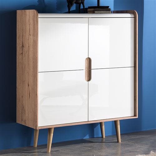 Buffet haut scandinave blanc et couleur chêne KABALIS - L 100 x P 40 x H 120 cm