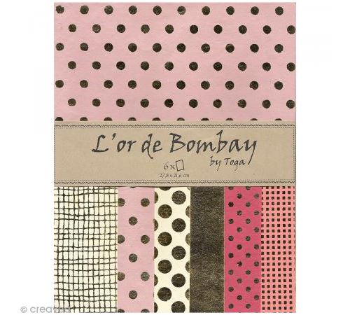 Papier scrapbooking recyclé - L'Or de Bombay - Rose - Or - 6 feuilles 27,8 x 21,6 cm