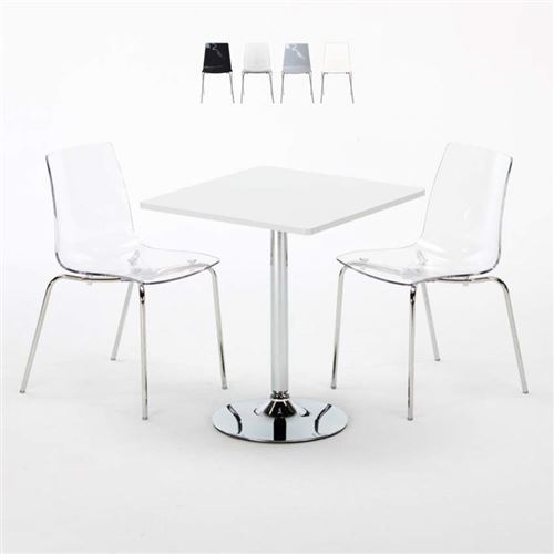 Table Carrée Blanche 70x70cm Avec 2 Chaises Colorées Et Transparentes Set Intérieur Bar Café Lollipop Titanium, Couleur: Transparent