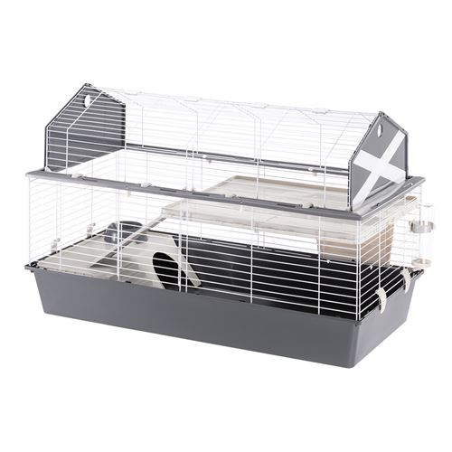 Cage BARN 120 pour Lapins et Petits Animaux, 2 étages, Toit Ouvrant, Accessoires et Adhésifs Inclus