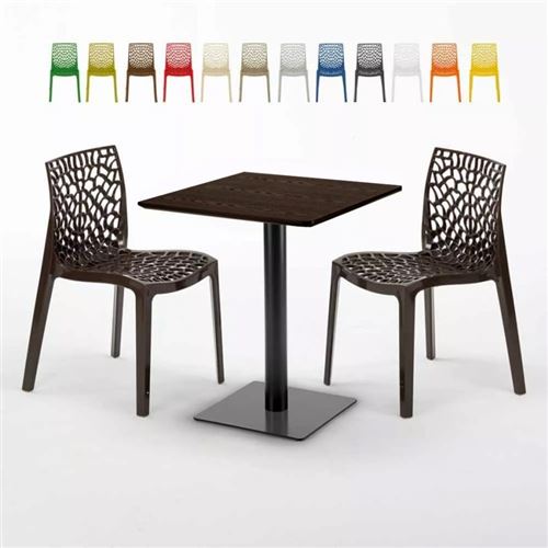 Table carrée 60x60 pied noir et surface bois avec 2 chaises colorées Gruvyer Kiss, Couleur: Marron