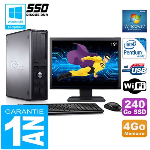 PC Dell 780 Dt Intel E5300 Ram 4Go Disque 240 Go SSD WiFi W7 Ecran 19'