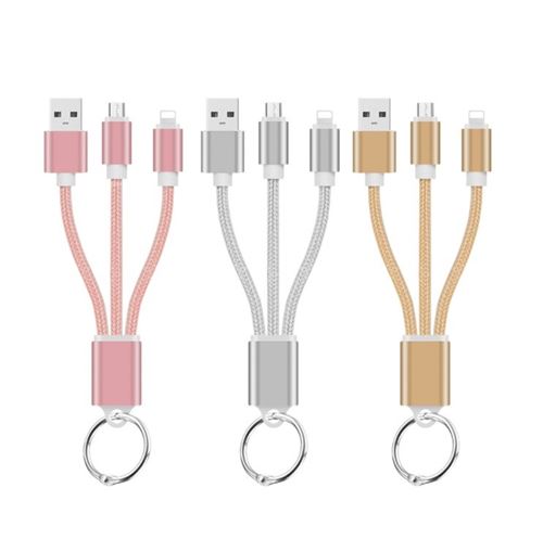 Cable Chargeur 2 en 1 Porte-clefs pour IPHONE 8 PLUS (+) Android & Adaptateur Micro USB Lightning Metal Nylon (ARGENT)