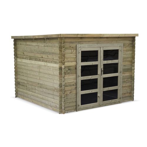Abri de jardin contemporain 3 x 3 m traité autoclave classe 3 TIGNES en bois de 93 m² structure en madriers 28 mm sapin du nord