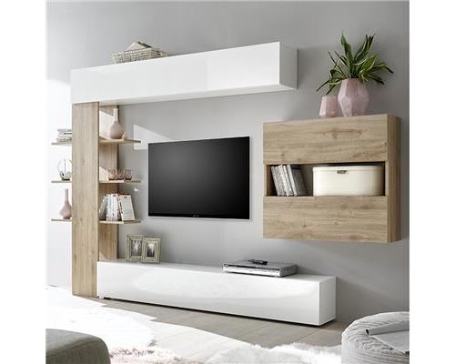 Ensemble meubles tv blanc et chêne SOPRANO 3-L 257 x P 30 x H 187 cm- Marron