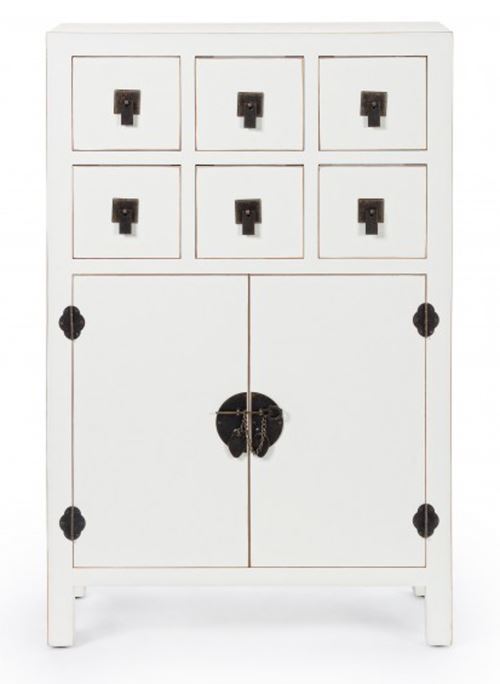 Meuble avec 2 portes et 6 tiroirs coloris blanc - Dim : L 63 x P 26 x H 101 cm -PEGANE