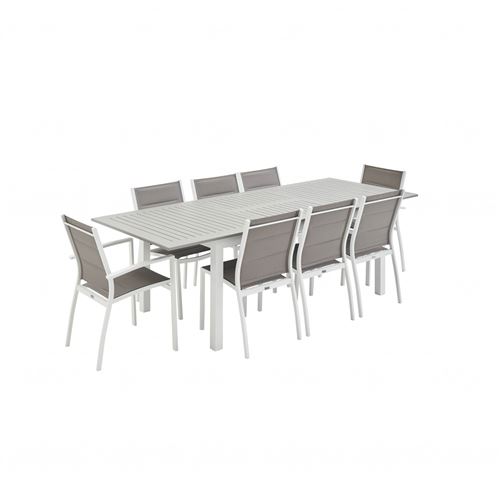 Salon de jardin - Chicago Blanc / Taupe - Table extensible 175/245cm avec rallonge et 8 assises en textilène