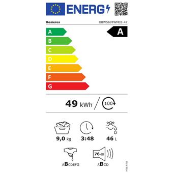 Rosières OBWS69TWMCE-47 - Machine à laver - intégré - WiFi - Niche - largeur : 60 cm - profondeur : 57 cm - hauteur : 83 cm - chargement frontal - 9 kg - 1600 tours/min - blanc