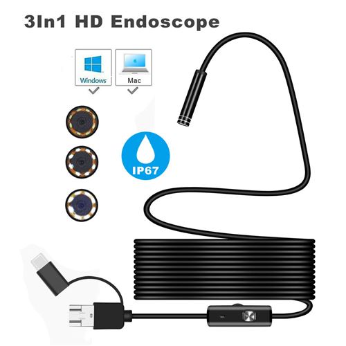 Endoscope USB 3 En 1 Type-C/Android/PC - Caméra Inspection 7mm 6 LED Réglables, Étanche 2m