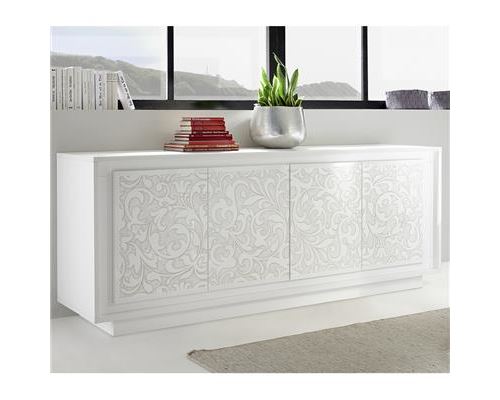 bahut blanc laqué mat avec motifs fleurs BELLADONE - Blanc - L 207 x P 50 x H 80 cm