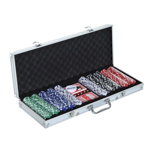 Maletín de póker HOMCOM, caja de póker completa con 500 fichas, 2 juegos de cartas + 5 dados, botón de crupier, 2 llaves de aluminio.