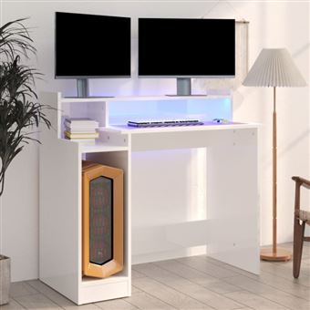 vidaXL Bureau lumières LED Blanc brillant 97x45x90cm Bois d'ingénierie - 1