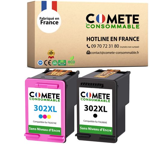 COMETE CONSOMMABLE 302 XL Pack 2 Cartouches MADE IN FRANCE compatibles HP 302XL Noir+Couleur
