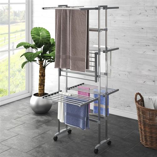 Comparer les prix de vidaXL Étagère à linge à 3 niveaux avec roues Argenté 60x70x129 cm