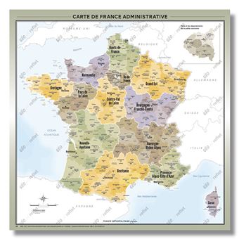 Carte de France Administrative - Modèle Topaze - Affiche 100x100cm