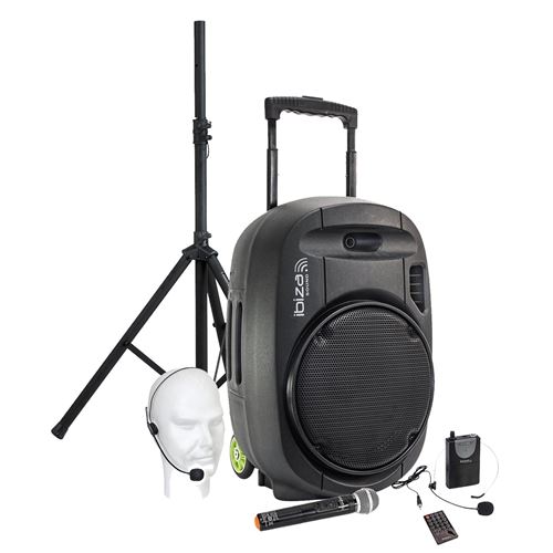 Non Communiqué Enceinte Active Ibiza Sound Port15vhf Mkii, Portable Autonome 15" - 800W Usb/Mp3/Bluetooth/Vox + 2 Micros Vhf, Support Pied