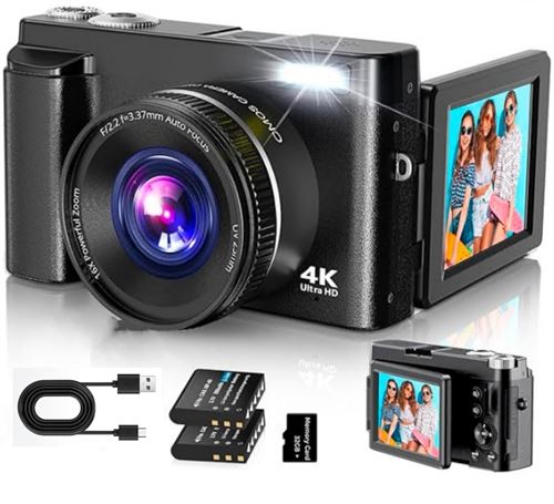 Appareil Photo Num&eacute;rique 4K - NEOZHOU - 48MP - Zoom 16x - Ecran 180&deg; - 32GB + 2 Batteries
