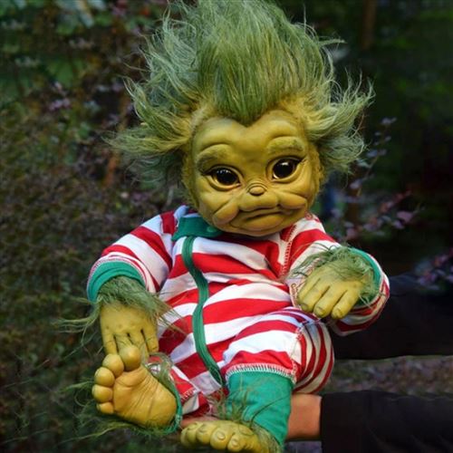 Peluche farcie de poupée Grinch de Noël, bébé Grinch velu réaliste avec  jouet de poupée de dessin animé de costume de Père Noël, oreiller en