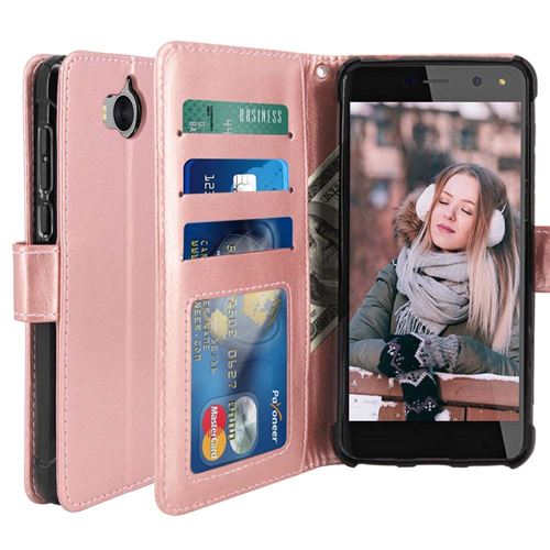 Huawei Y6 2017 Housse Coque Etui de luxe Portefeuille Porte Carte Et Billet (avec support integré) Rose