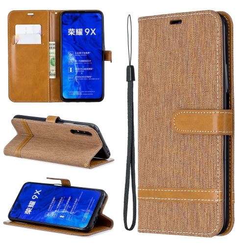Etui en PU couleur épissage jeans tissu peau flip avec support marron pour votre Huawei Honor 9X/9X Pro