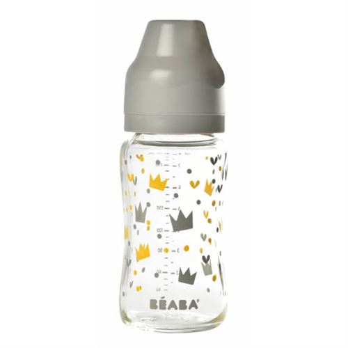 Biberon verre 240 ml couronnes jaune et gris - beaba