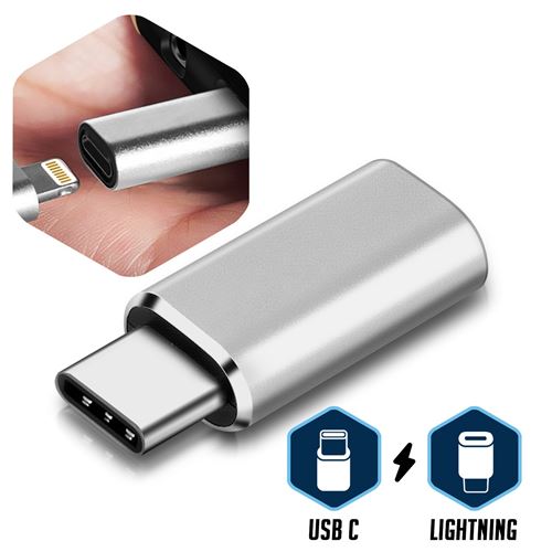 Adaptateur gris argent USB type C mâle vers LIGHTNING femelle, Charge +  Synchronisation ®Stargift tous droits réservés