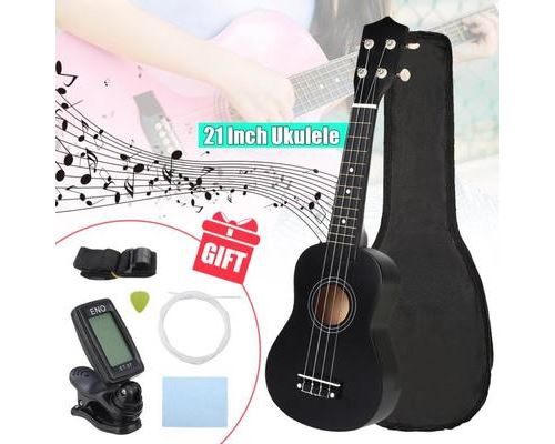 21'' Noir Ukulélé Soprano Uke Hawaii Guitare 4 Cordes 12 Frettes Bois +Tuner + Sac de Transport Instrument Musique