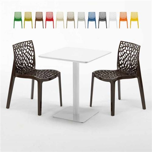 Table carrée 60x60 blanche avec 2 chaises colorées Gruvyer Lemon, Couleur: Marron