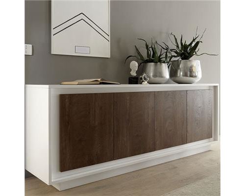 Buffet blanc mat et bois foncé ERINE 6 - L 207 x P 50 x H 80 cm