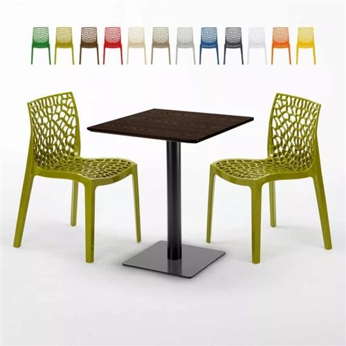 Table carrée 60x60 pied noir et surface bois avec 2 chaises colorées Gruvyer Kiss, Couleur: Anis vert