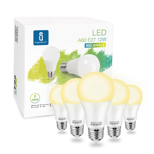 Aigostar - Lot de 5 ampoules LED A60 E27 (grosse vis), 12W. Lumière couleur chaude 3000K, 984 lm. Grand angle 280º. Non dimmable. A+