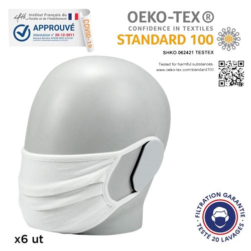 Mobilis Lot de 6 Masques Grand Public Filtration Supérieure à 90%, 20 Lavages, OEKO-TEX Standard 100, Taille Unique Adulte, Blanc