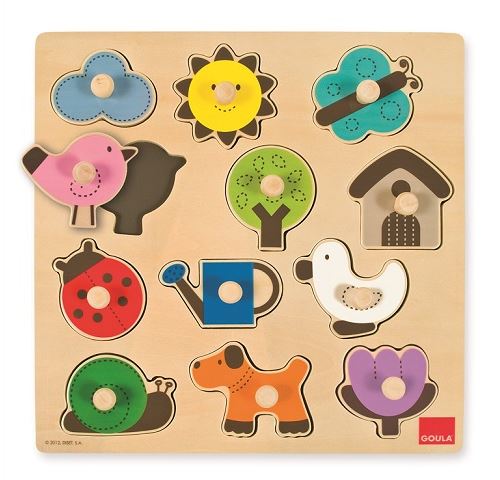Puzzle en bois a boutons - campagne & animaux 12 pieces - encastrement