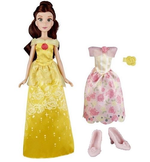 Disney princess belle et bete : poupee belle tenue magique de princesse - robe rose et robe jaune