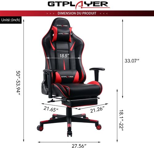 Gtplayer Chaise Gaming De Bureau Fauteuil De Bureau Chaise Gamer Reglable En Hauteur Design Ergonomique Avec Repose Pieds Et Fonction Bascule Rouge Achat Prix Fnac