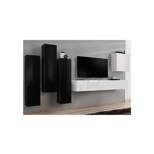 Ensemble meuble salon SWITCH III design, coloris blanc et noir brillant.