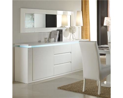 Buffet bahut lumineux blanc laqué 2 portes 3 tiroirs design GODWIN - Blanc - L 210 x P 47 x H 85 cm