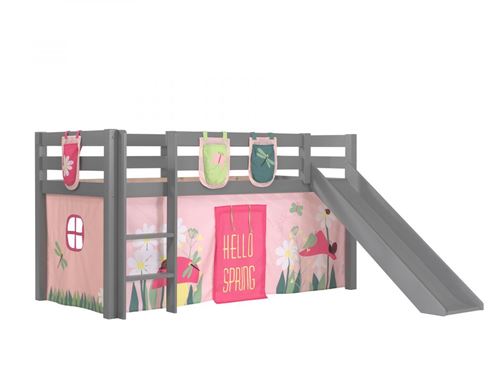 Lit toboggan 90x200 cm avec tente et 3 pochettes printemps pin massif gris pino