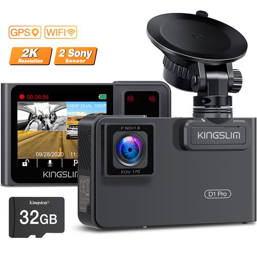 Dual Dash Caméra Voiture D1 Pro GPS Wi-Fi 2K/1080P Avant Arrière Enregistreur Conduite Embarquée - Kingslim