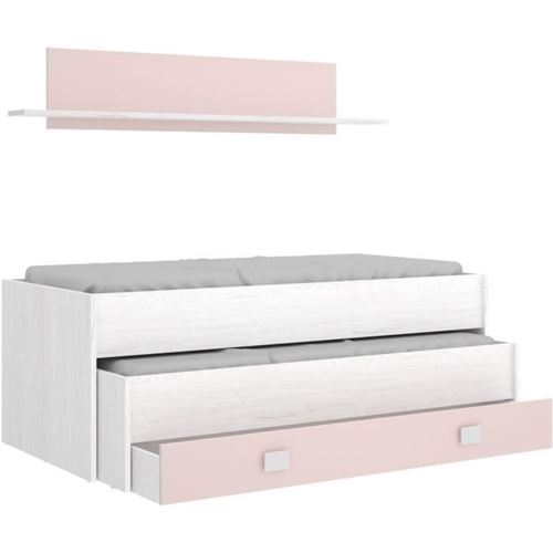 Lit Gigogne Enfant Avec Tiroir + 1 Etagere - Chene Blanc/Rose - 2x90x190 Cm - Ocean