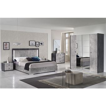 Chambre Complète 160x200cm Gris Effet Pierre avec Leds - HYDE - ALTOBUY - 1